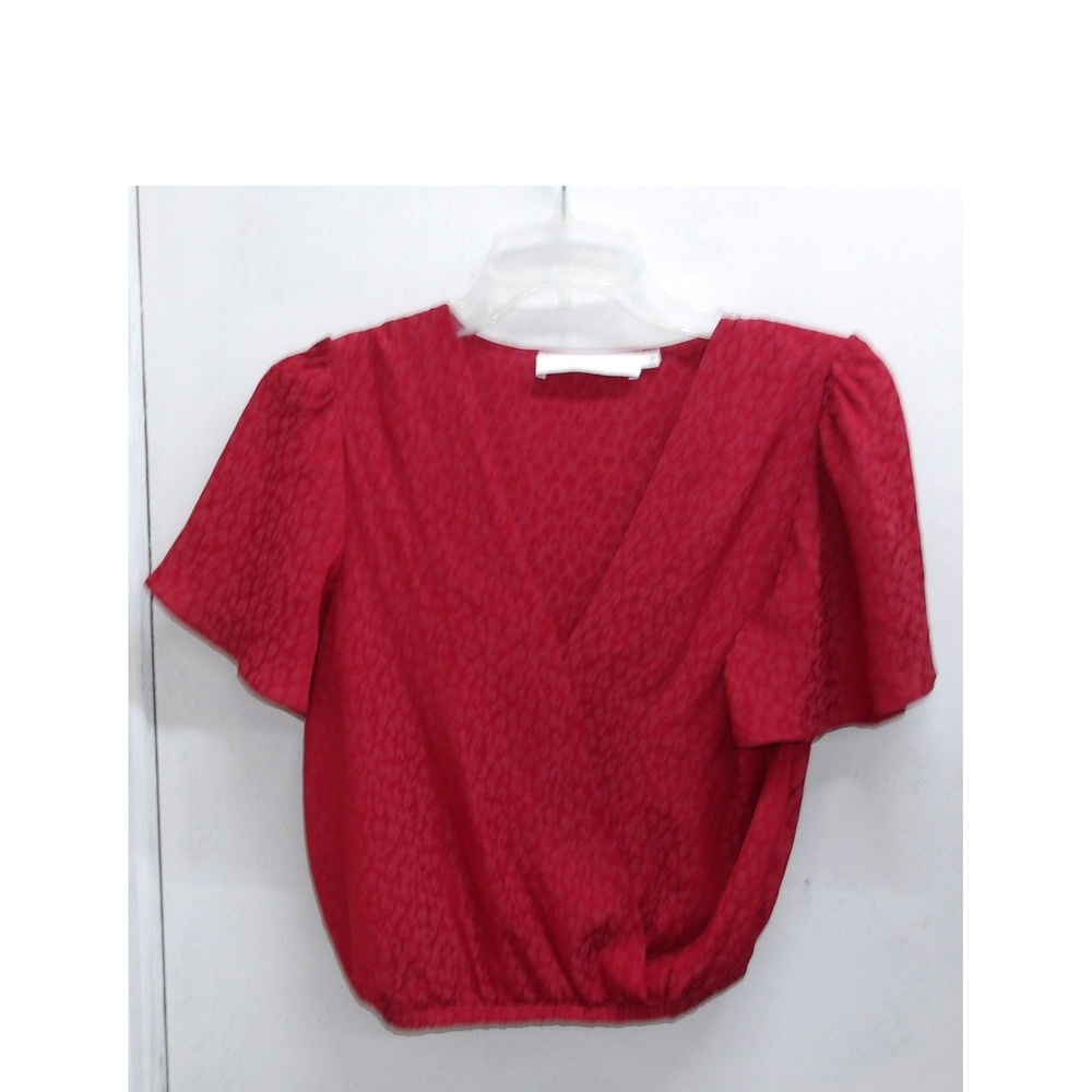 Red Leopard Jacquard V-Neck Puff Cropped Surplice Blouse Top/ #26867